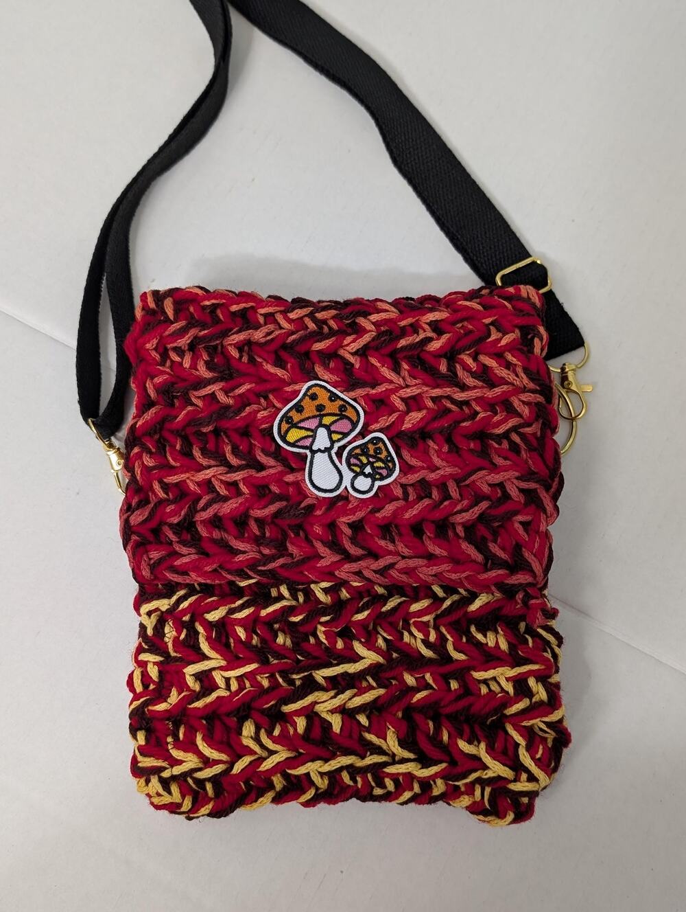 Handmade Mushroom Crochet Crossbody Bag Knit Purse Red Mustard Earth Tones